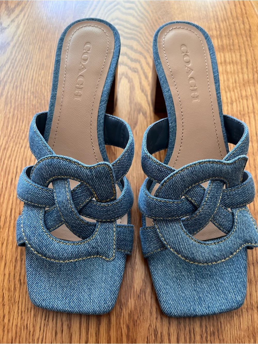 Coach Nikki Denim slide sandals with classic ‘C’ Knot